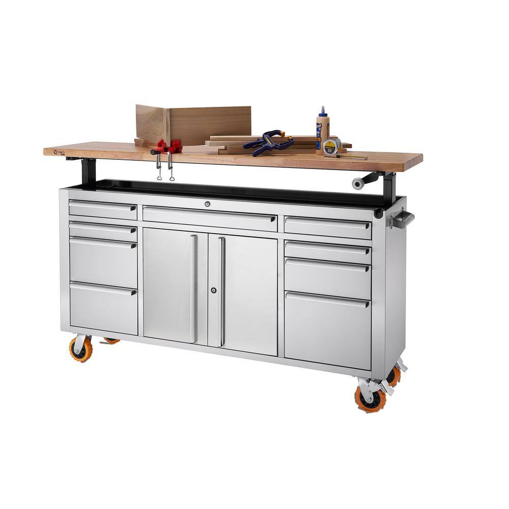 TRINITY PRO 72 in. 9-Drawer Stainless Steel Workbench with Adjustable Top TLSF-7211