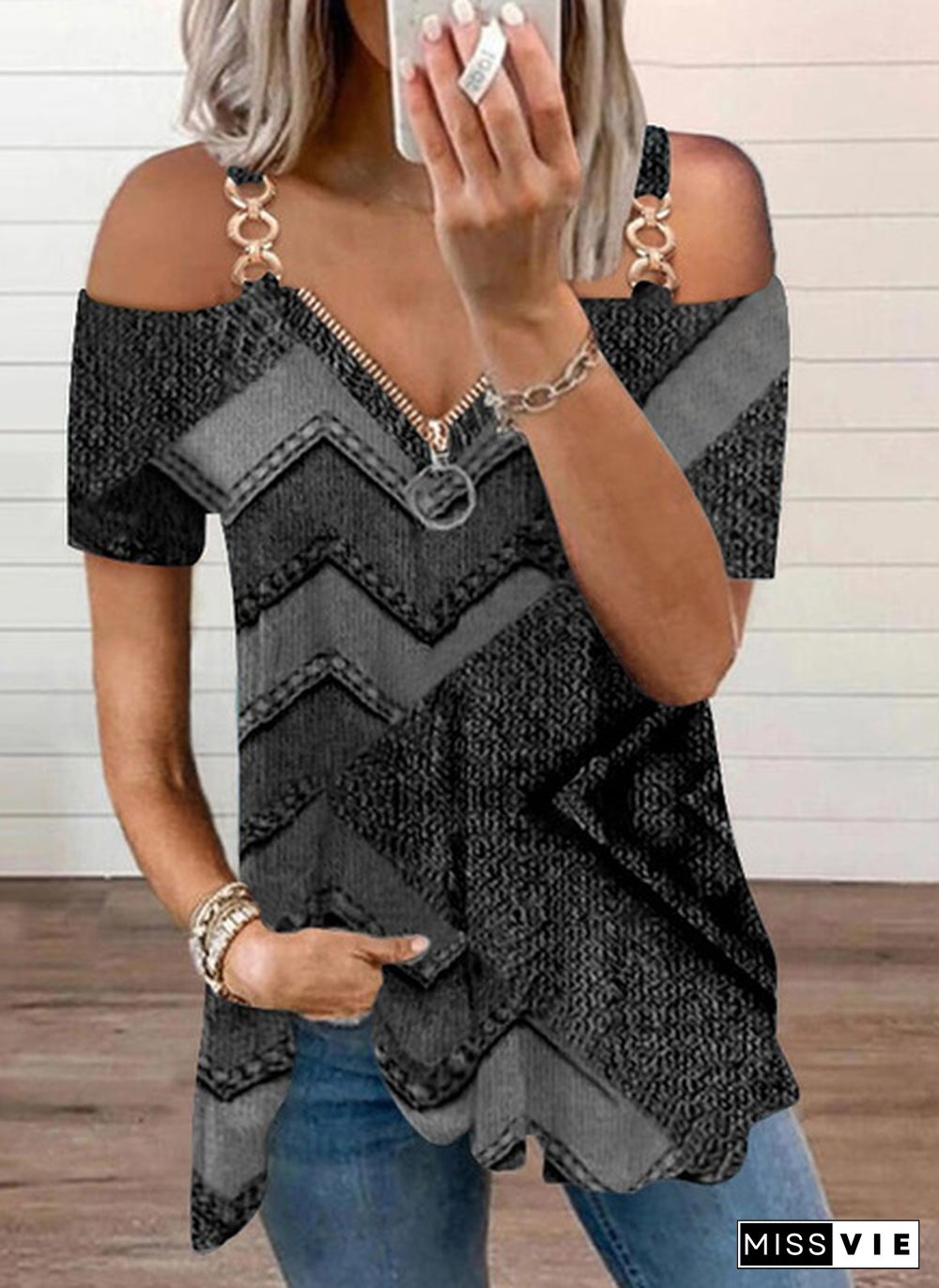 Summer New Fashion Women's Wave Geometric Printed Short Sleeve Zipper V-neck Casual Top Loose Plus Size Soft and Comfortable T-shirt Shirt XS-5XL