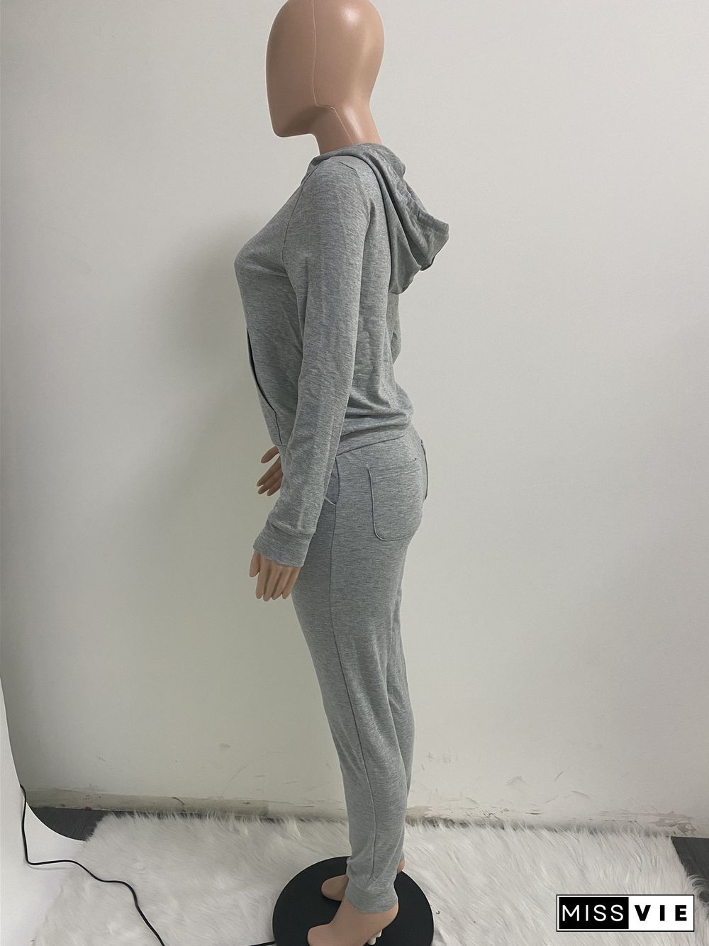 Solid Hooded Zip Sweatshirt Top Drawstring Pants Set