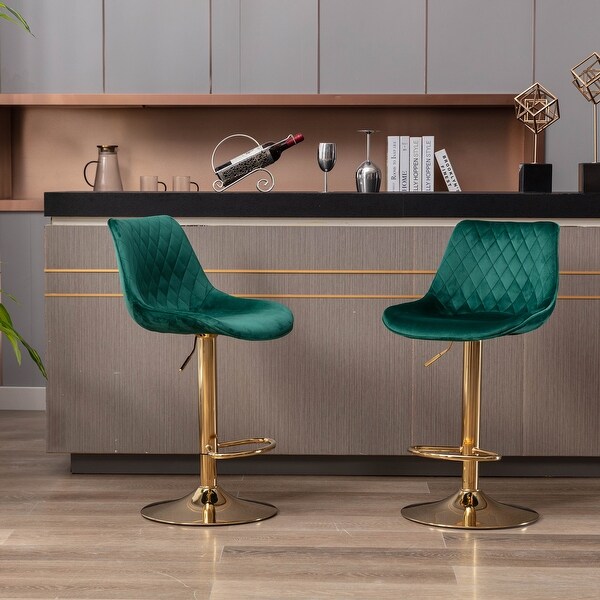 Set of 2 Bar Stools，With Chrome Footrest and Base Swivel Height Adjustable Mechanical Lifting Velvet， Golden Leg