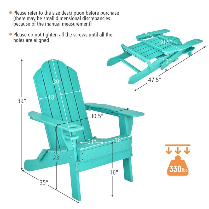 2-Pack Folding Adirondack Chairs with Built-in Cup Holder, PE Weather Resistant Outdoor Patio Folding Chairs