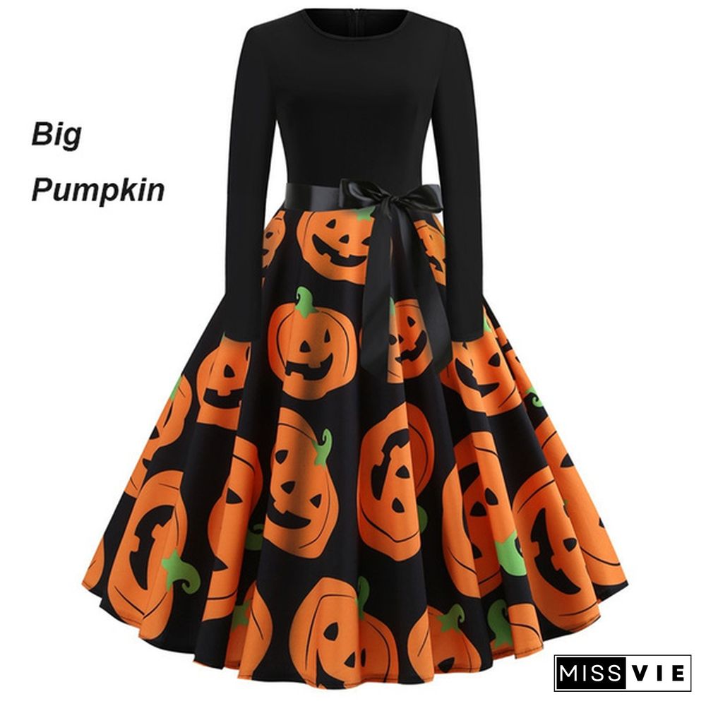 NEW Fashion Women Autumn and Winter Xmas Clothes Christmas Costume Casual Long Sleeve Halloween Print Flared Dress Party Dress