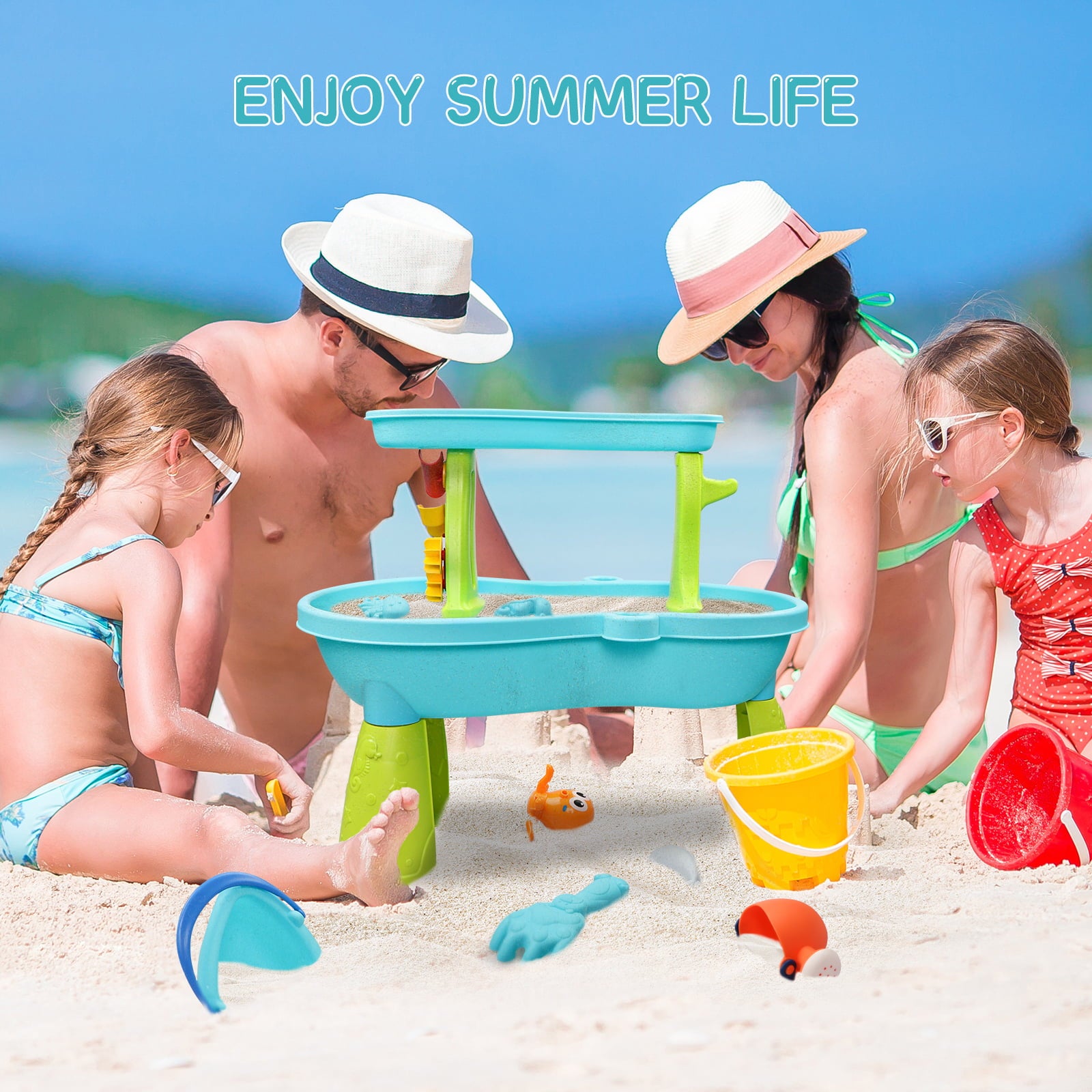 Beefunni Sand Water Table Toys for Toddlers,2-Tier Rain Pond Activity Sensory Play Table Beach Summer Outdoor Toys for Toddlers 1-3