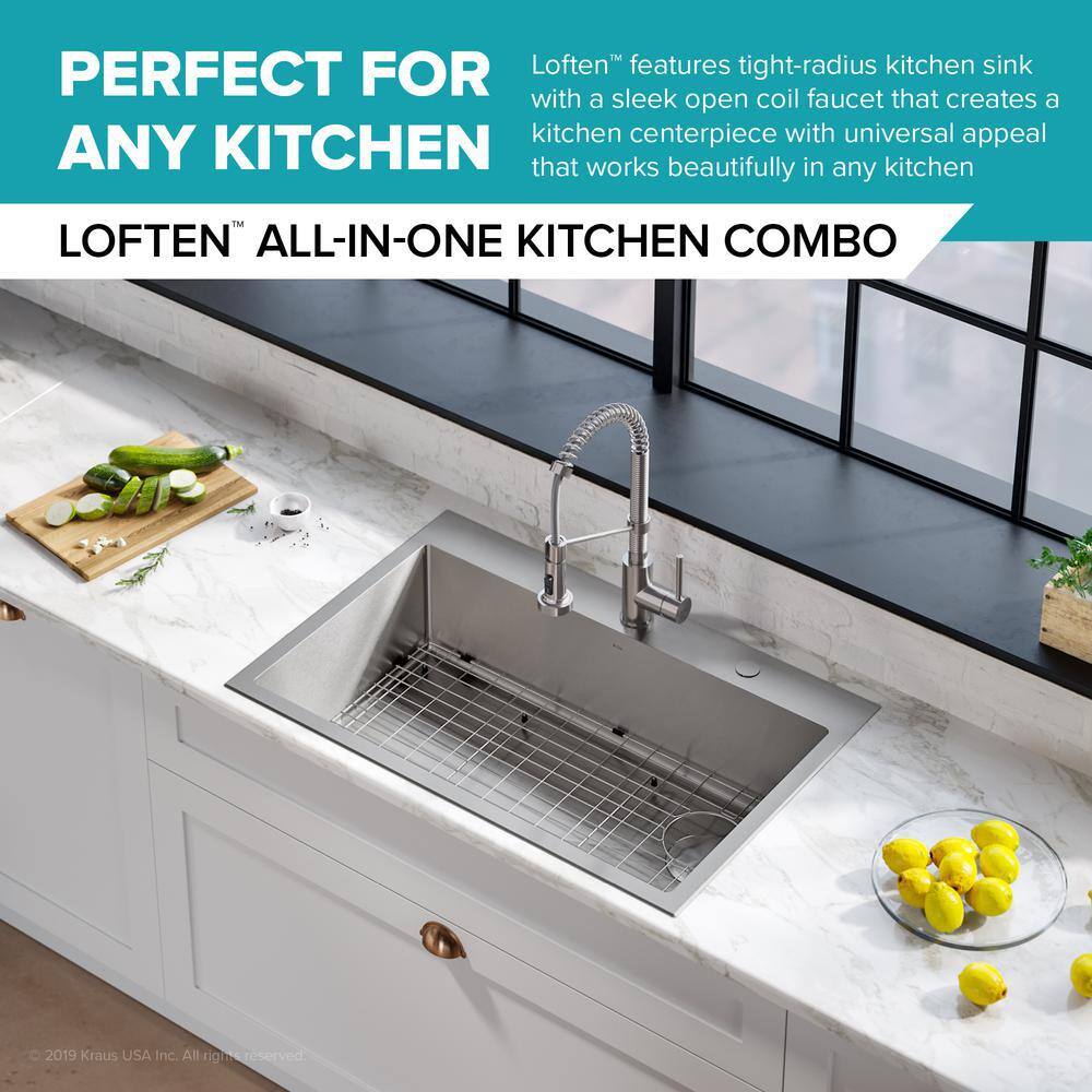 KRAUS KCH-1000 Loften All in-One 33 in. Drop In/Undermount Single Bowl 18 Gauge Stainless Steel Kitchen Sink with Pull Down Faucet