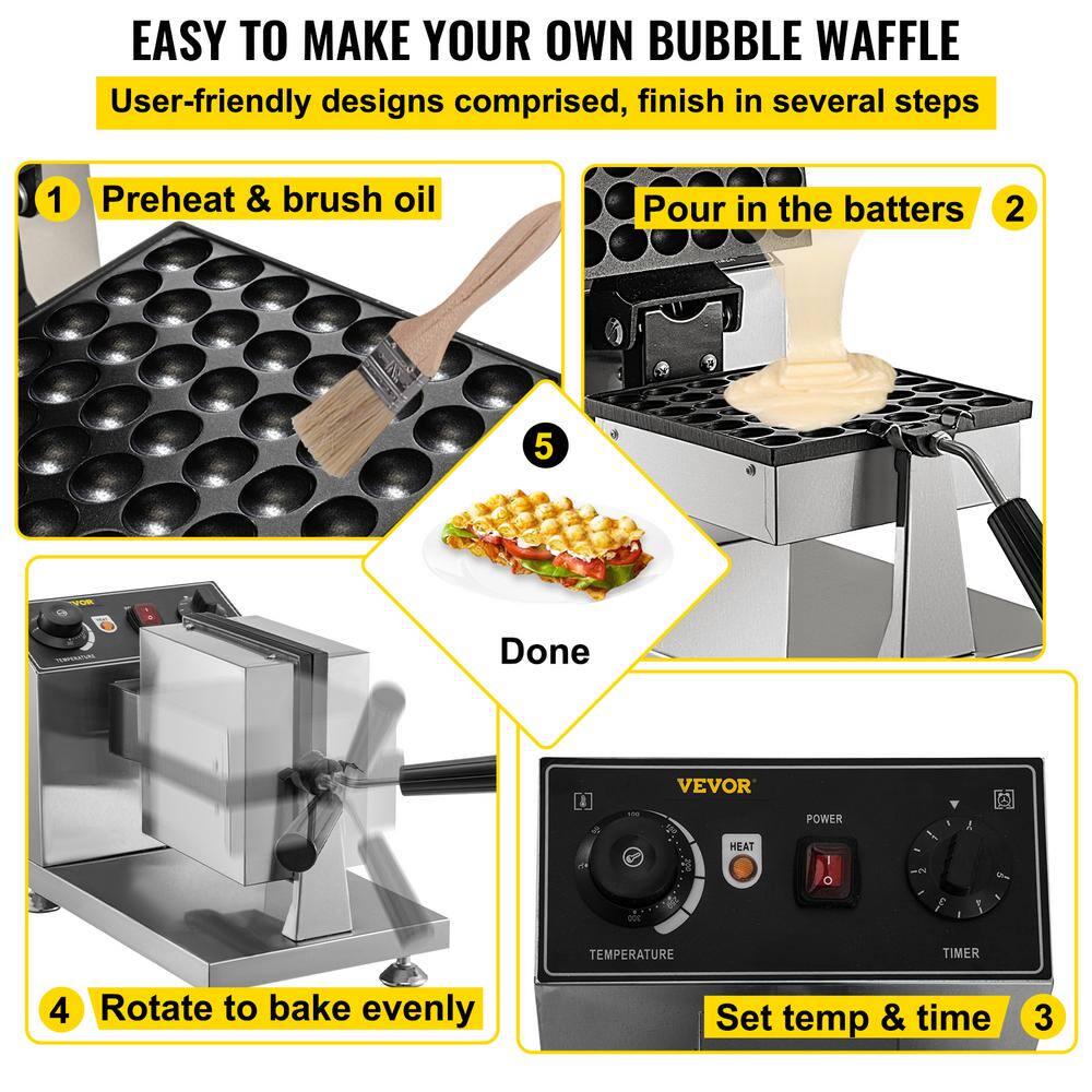 VEVOR Commercial Bubble Waffle Maker 8 in Silver Square Mould 122572°F Adjustable Stainless Steel Baker