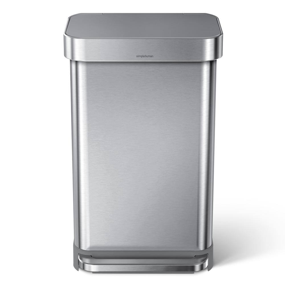 simplehuman 45 l Liner Rim Rectangular Step Trash Can Brushed Stainless Steel with Grey Plastic Lid CW2080