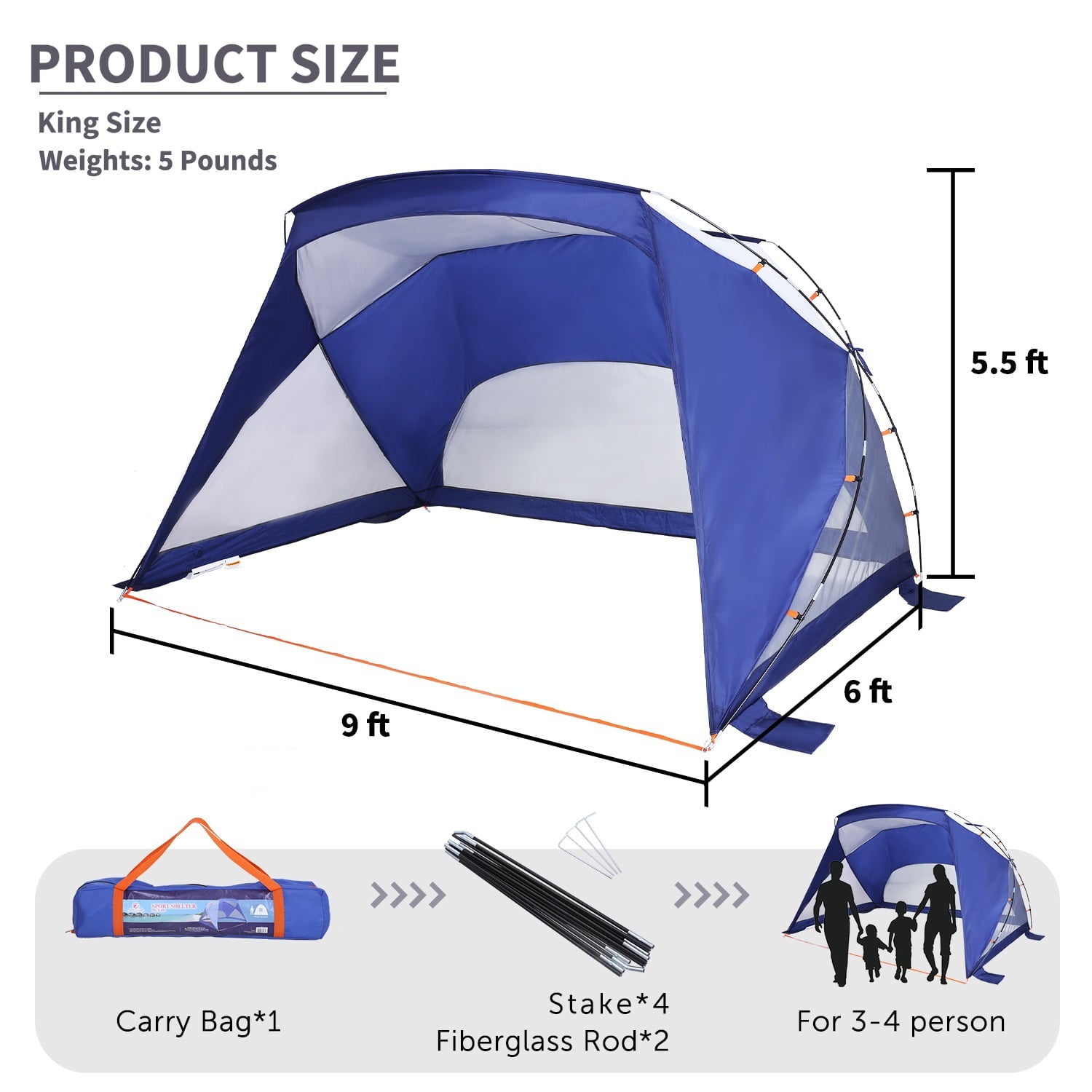 Alpha Camp 9' x 6' Beach Tent Sun Shelter UPF 50+ Portable Tent for 3-4 Person with Carry Bag， Navy Blue