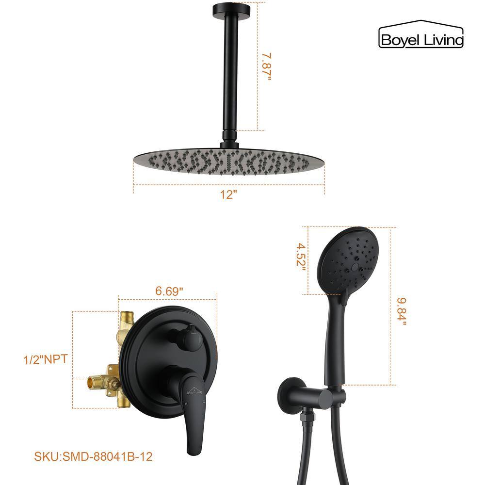 Boyel Living 5-Spray Patterns with 2.35 GPM 12 in. H Ceiling Mount Dual Shower Heads with Valve Included in Matte Black SMD-88041B-12