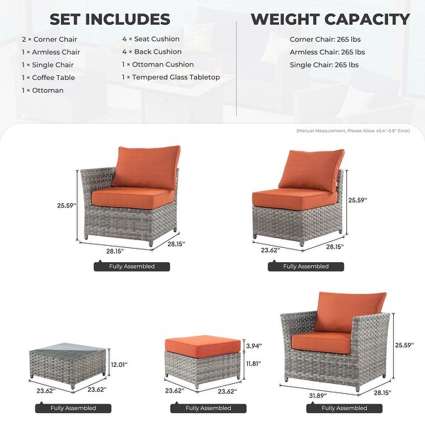 HOOOWOOO Patio Furniture Outdoor 6piece Grey Rattan Sectional Set with Ottoman