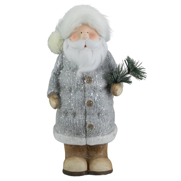 Ceramic Santa In Gray Coat Holding Pine Sprig Christmas Figure