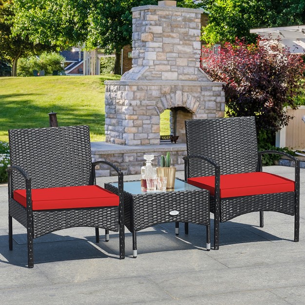 Costway 3 Pcs Patio Wicker Rattan Furniture Set Coffee Table amp 2 Rattan Chair W cushion