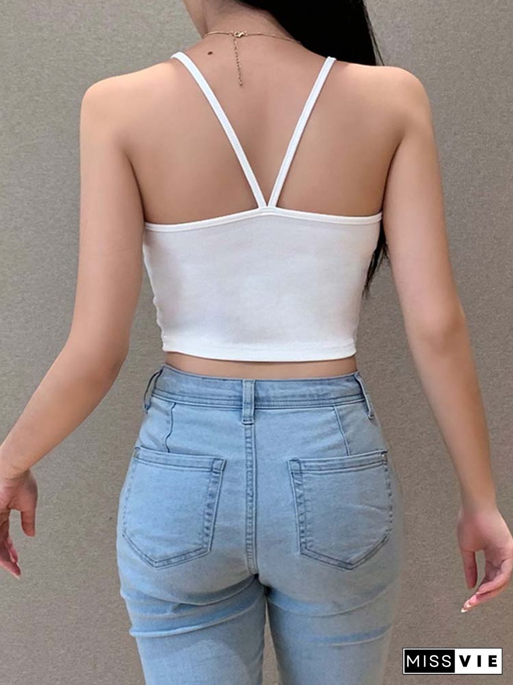 Pure Color Simple Low-cut Sexy Threaded Camisole Female Summer Slim Slimming Sports And Leisure All-match Crop Top Top Women Y2k