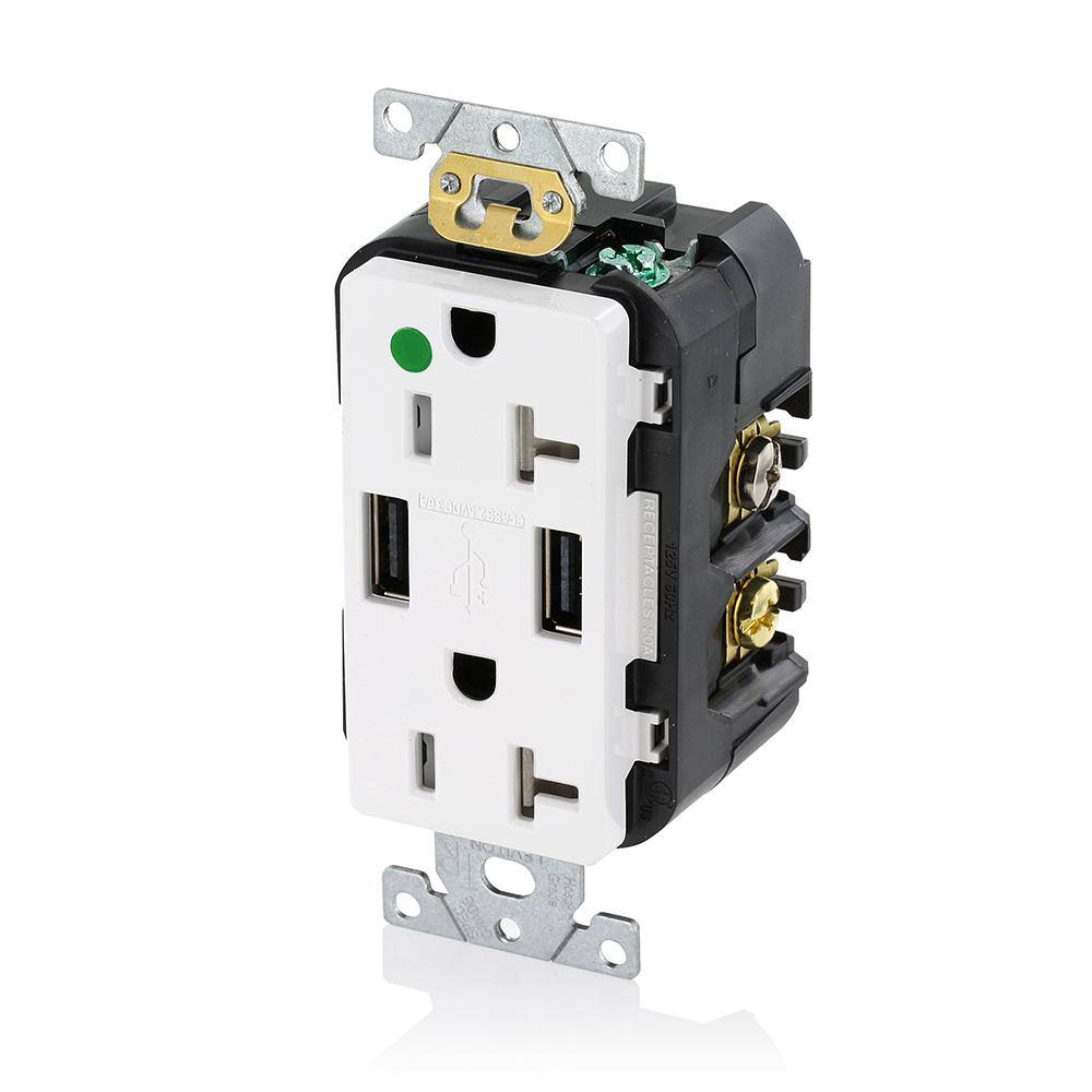 Leviton Decora 20 Amp Hospital Grade Tamper Resistant Duplex Outlet and 3.6 Amp USB Outlet White T5832-HGW