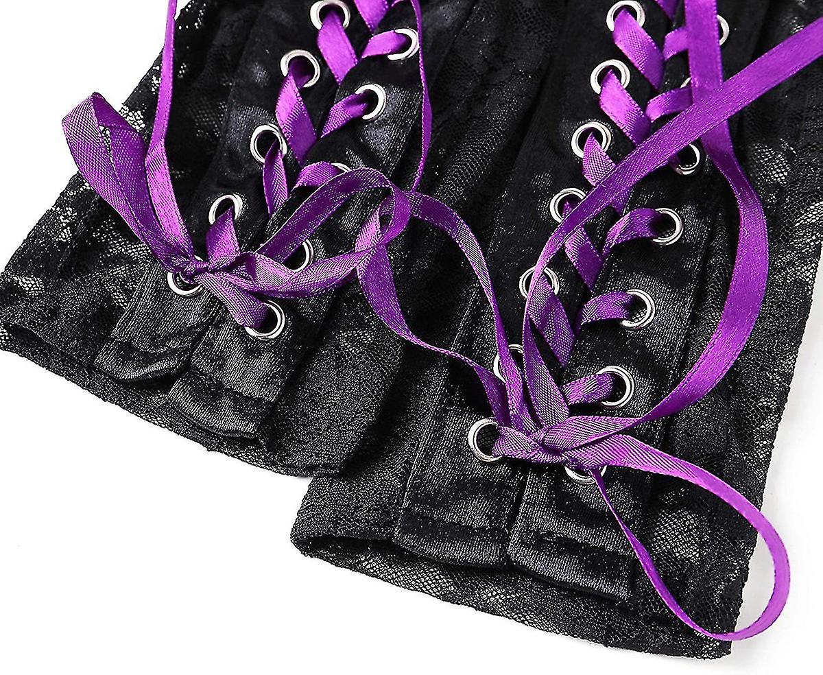 Women's Lace Costume With Open Finger Gloves， Ribbon Half Finger Etiquette Ball Gloves (black+purple)(2pcs)