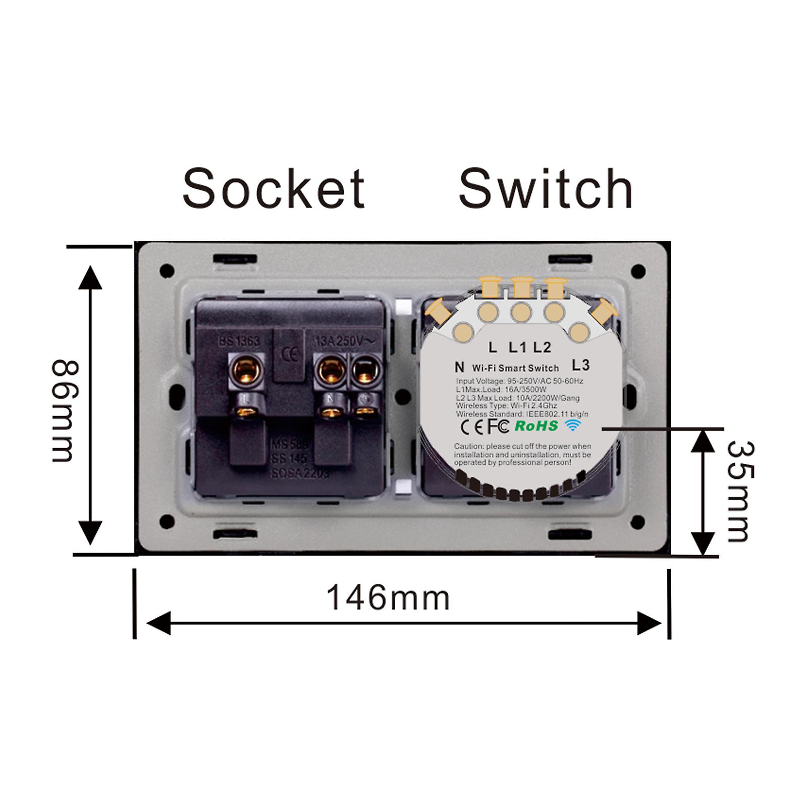 Black 1 Gang and Us Standard 95-250v Wi-fi Smart Wall Outlet With 1 Gang Touch Light Switch Smart Life App Remote Control， Voice Control， Touch Control