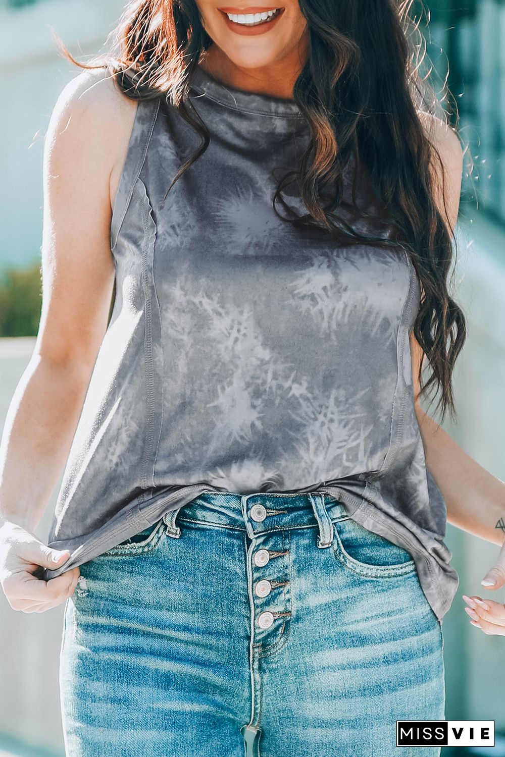 Gray Tie Dye Print Seamed Crew Neck Tank Top