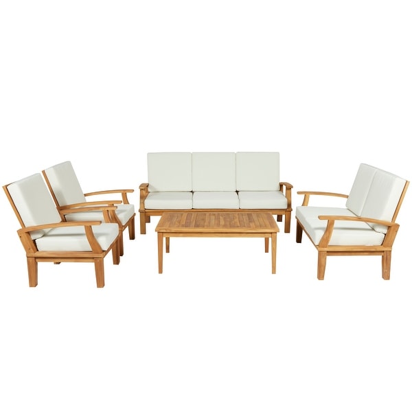 Teak Wood Traditional Outdoor Seating Set with OffWhite Cushions (Set of 5 Pieces)