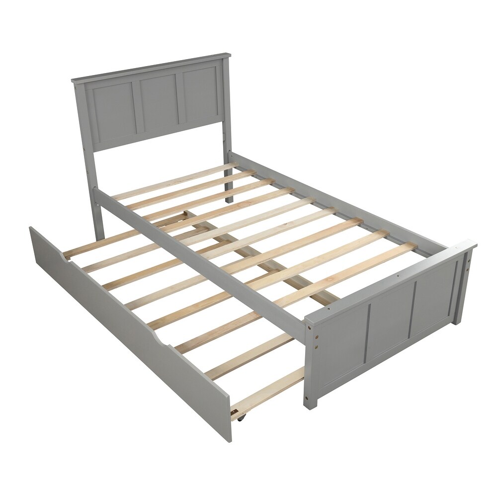 Twin Size Wood Platform Storage Bed with Trundle for Bedroom  Dorm