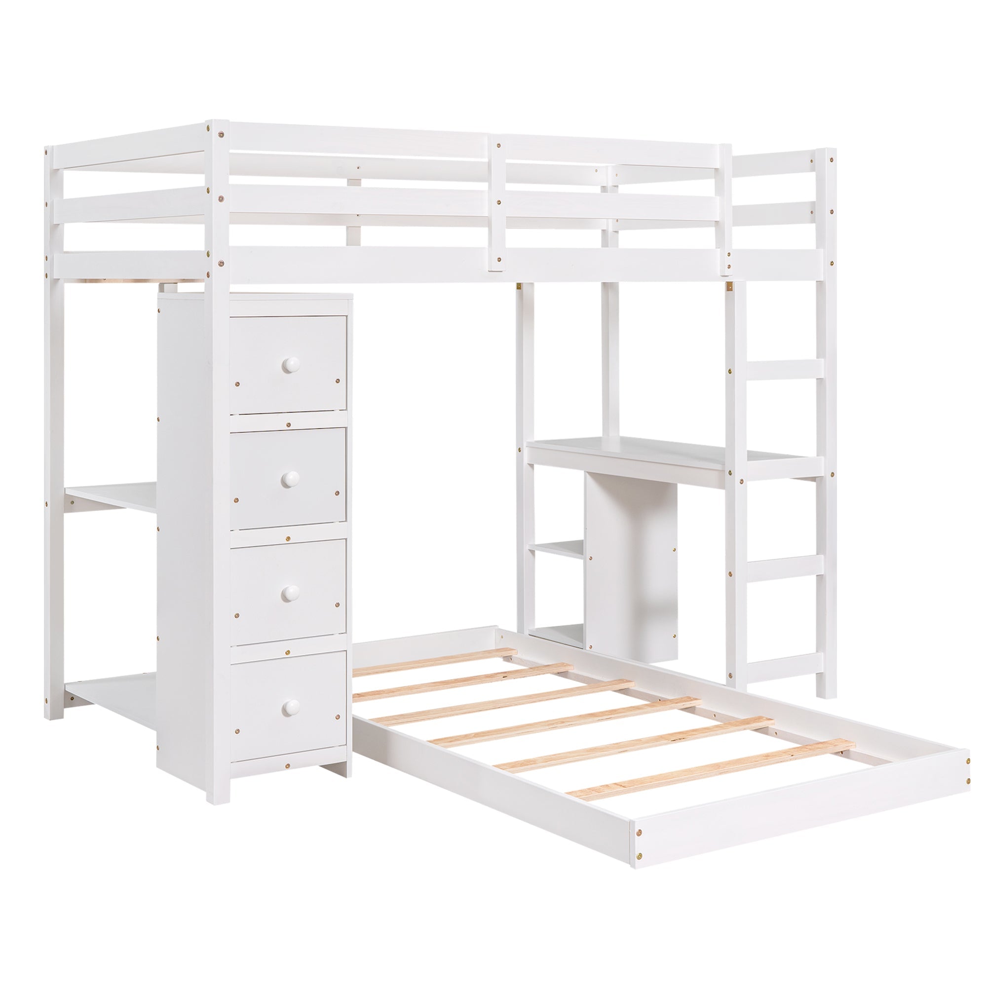 Euroco Twin over Twin Loft Bed with Drawers for Kids, White