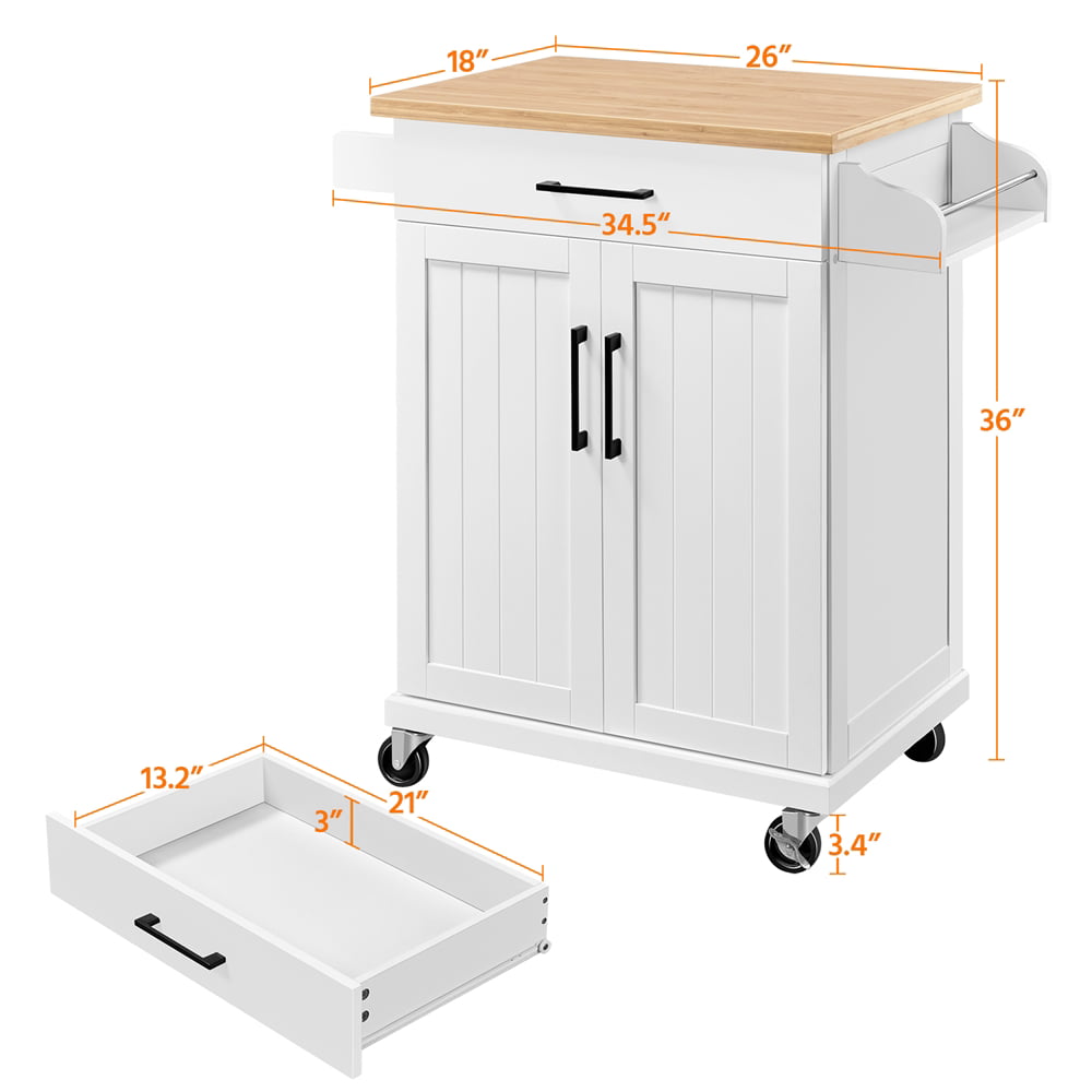 Yaheetech Rolling Kitchen Island Cart with Spice Rack Storage and Towel Rack and Drawer for Dining Rooms Kitchens Living Rooms，White