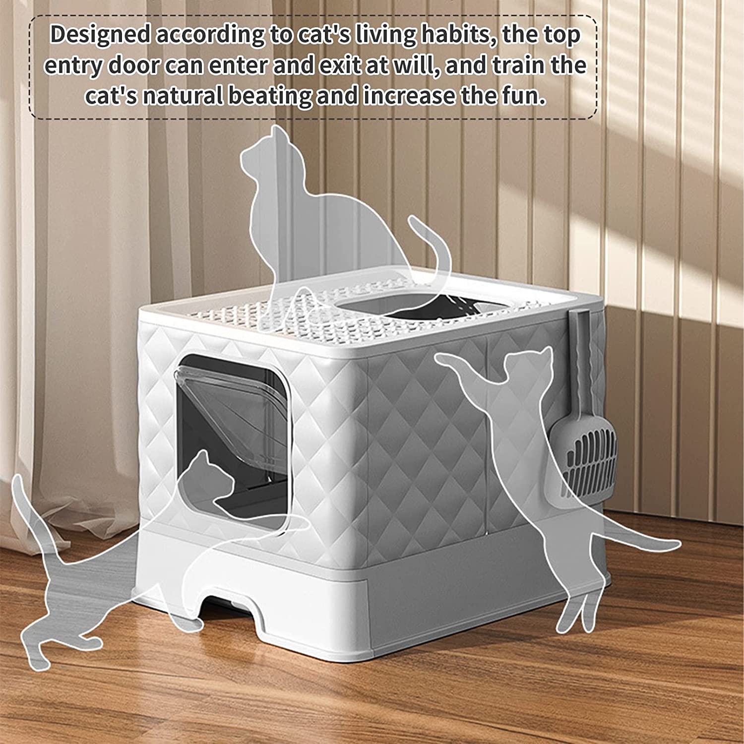 Hamiledyi Large Cat Litter Box with Lid， Enclosed Cat Potty with Drawer Foldable Top/Front Entry Anti-Splashing Cat Toilet Supplies with Pet Plastic Scoop Easy to Clean(Grey)