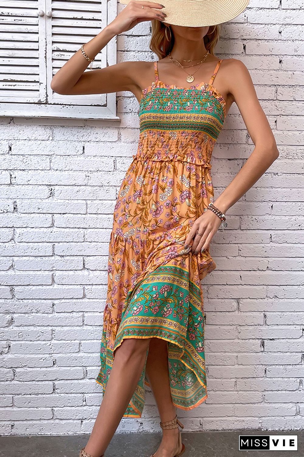 Orange Boho Flower Print Spaghetti Dress