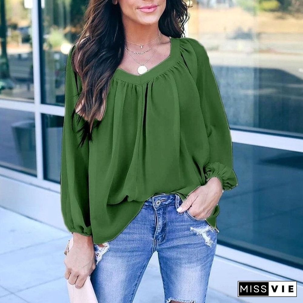 XS-8XL Women's Spring and Autumn Casual Long Sleeve Shirts Pure Color V-neck Tops Lace Up Loose Clothes Elegant Ladies Fashion Plus Size Chiffon Blouse