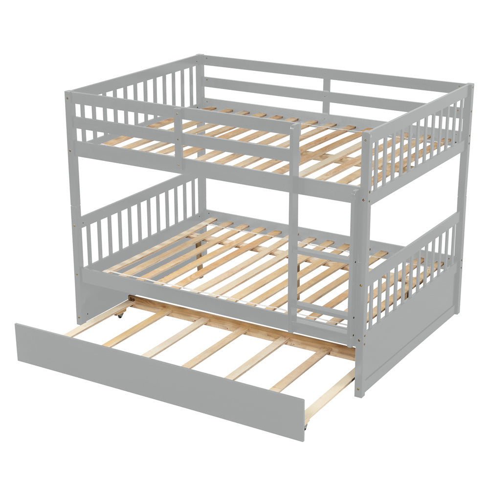 Full Over Full Bunk Bed with Trundle, Wood Bed Frame and Ladder with Guard Rails for Kids, Toddlers, Teens, Boys and Girls, Gray