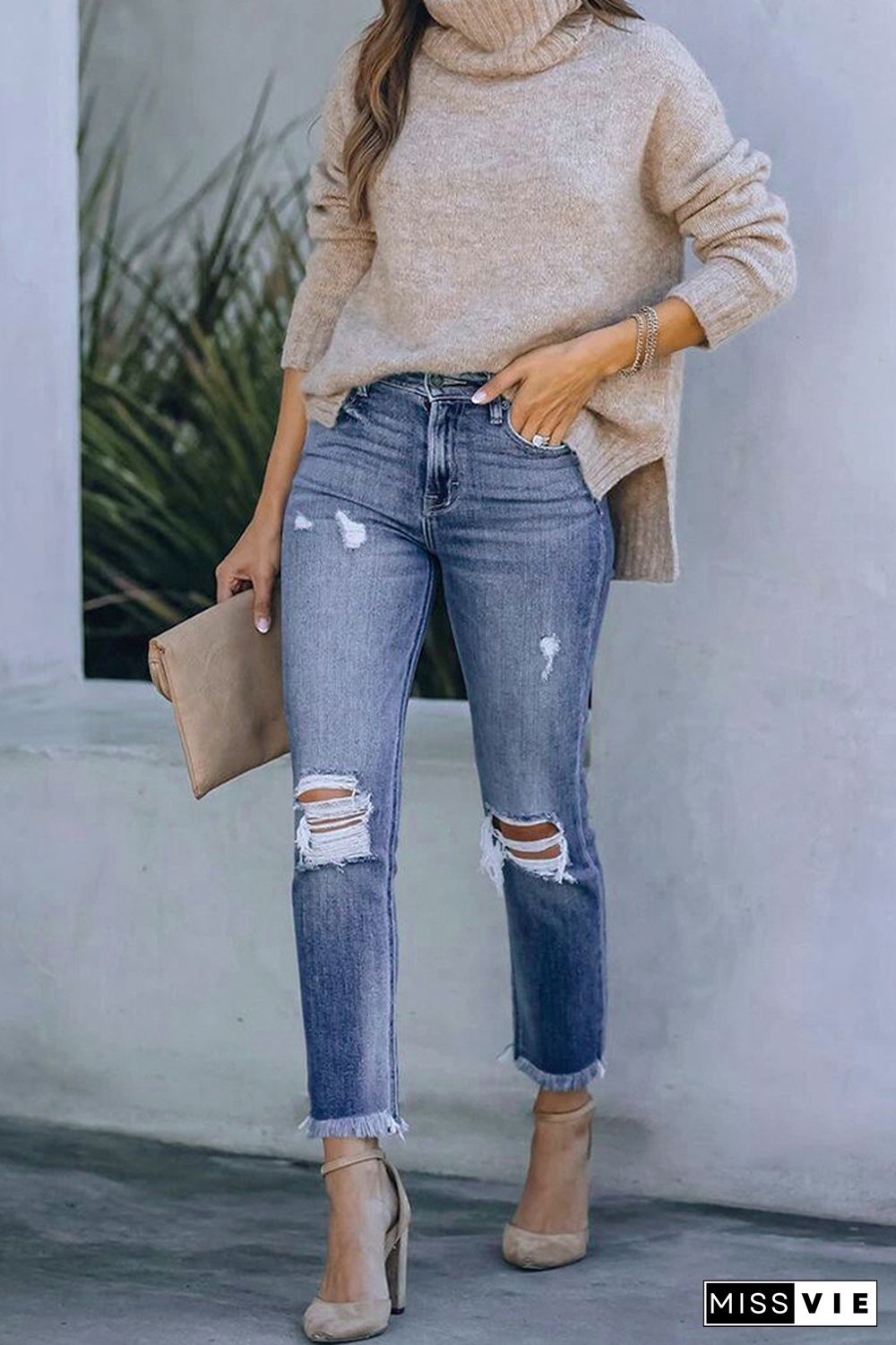 Ripped Mid Waist With Tassels Jeans Wholesale