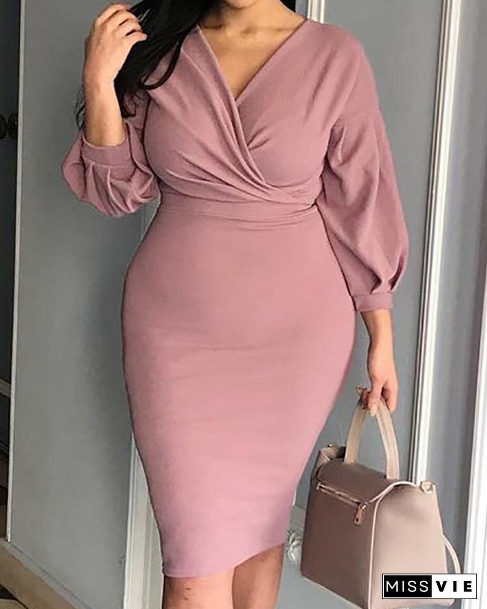 Lantern Sleeve Ruched Bodycon Dress P13058