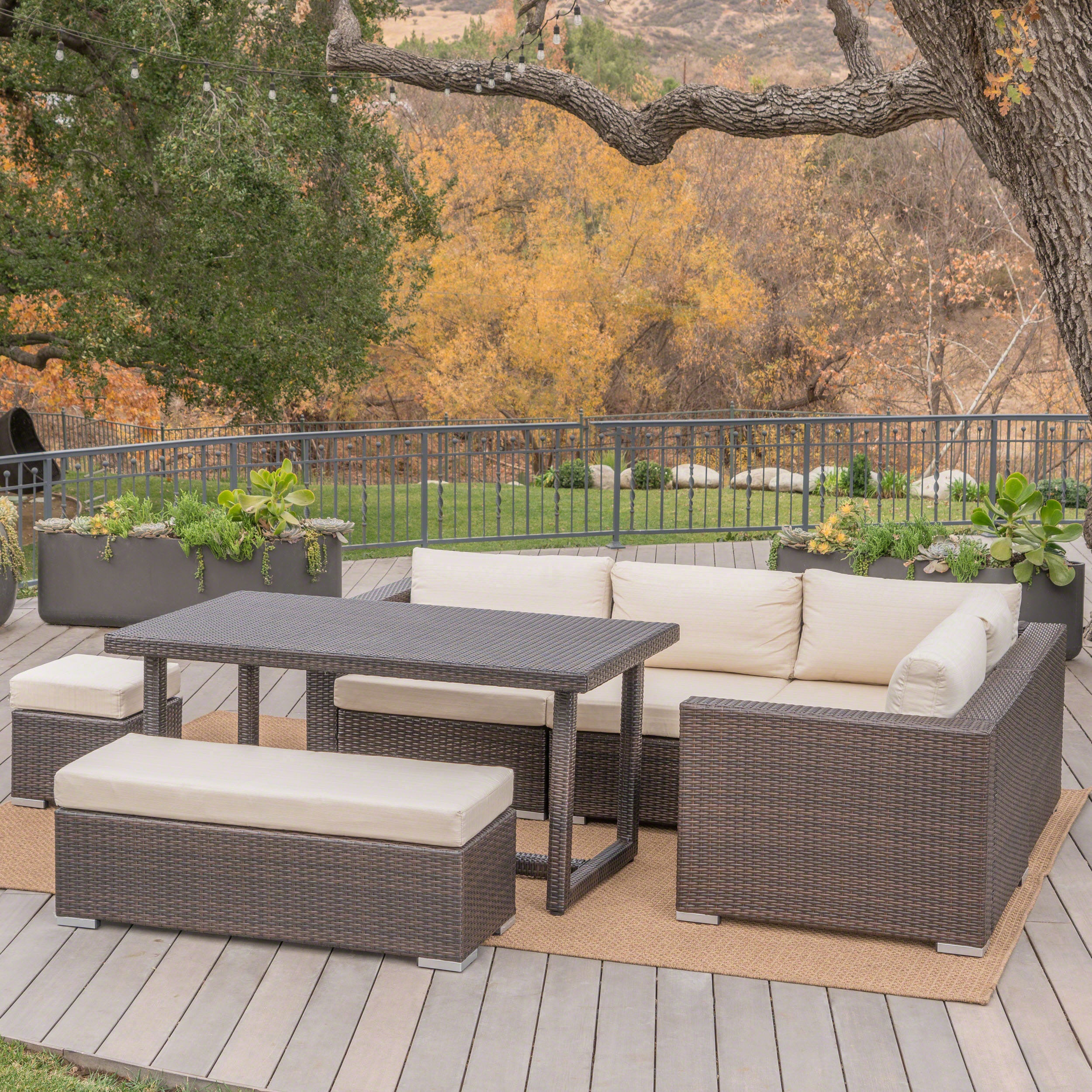 Santa Maria Outdoor 7 Seat Dining Sofa Set with Aluminum Frame and Water Resistant Cushions