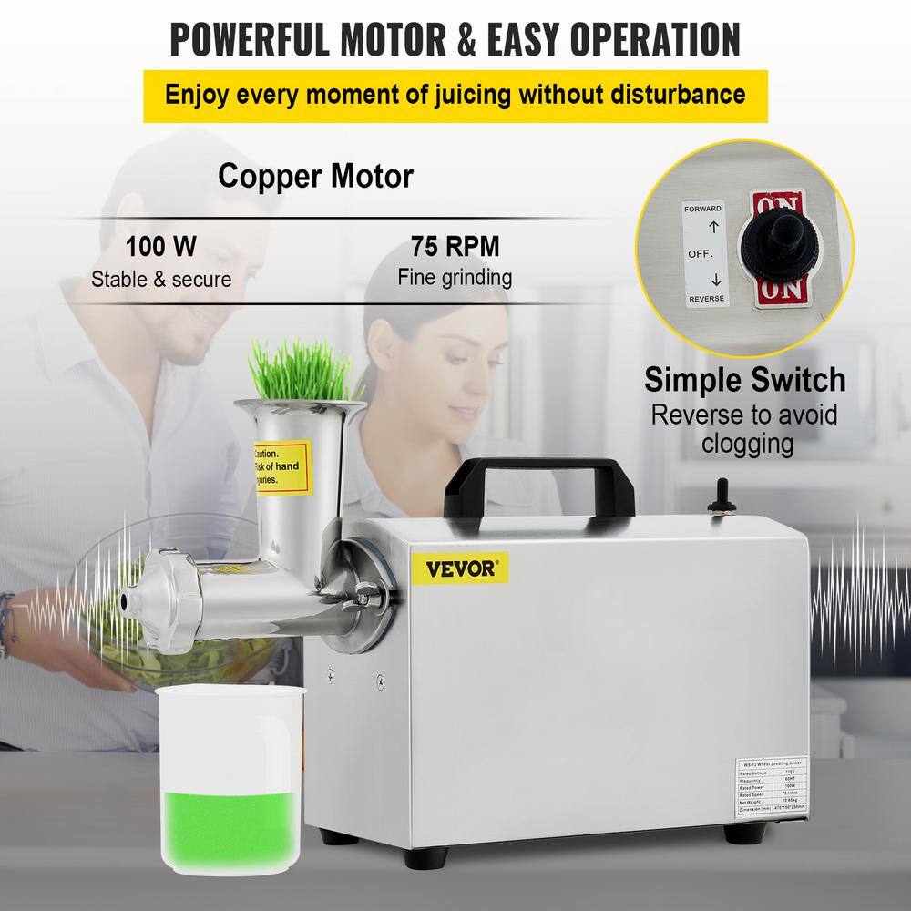 VEVOR Commercial Wheatgrass Juicing Machine 80% Juice Yield Stainless Steel Portable Cold Press with 100-Watt 75RPM Motor DDDGN370W110VR4S7V1