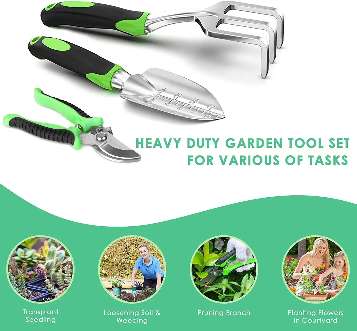 3 Piece Heavy Duty Gardening Tools Cast Aluminum with Soft Rubberized Non Slip Handle