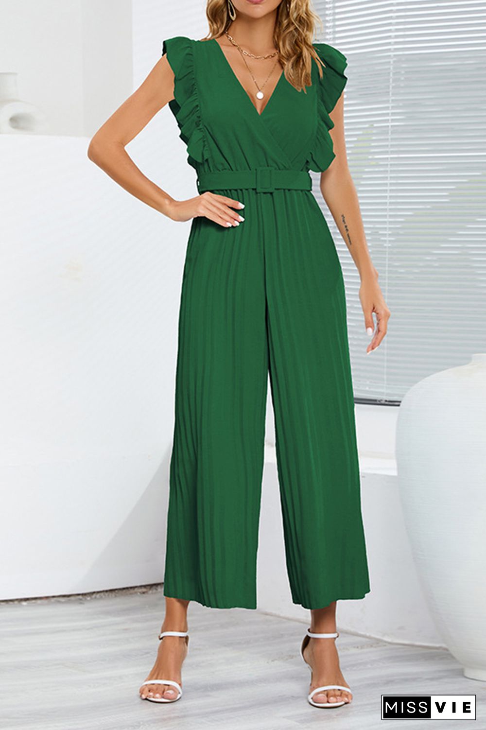 Sleeveless V Neck Ruffle Pleated Wide Leg Jumpsuit