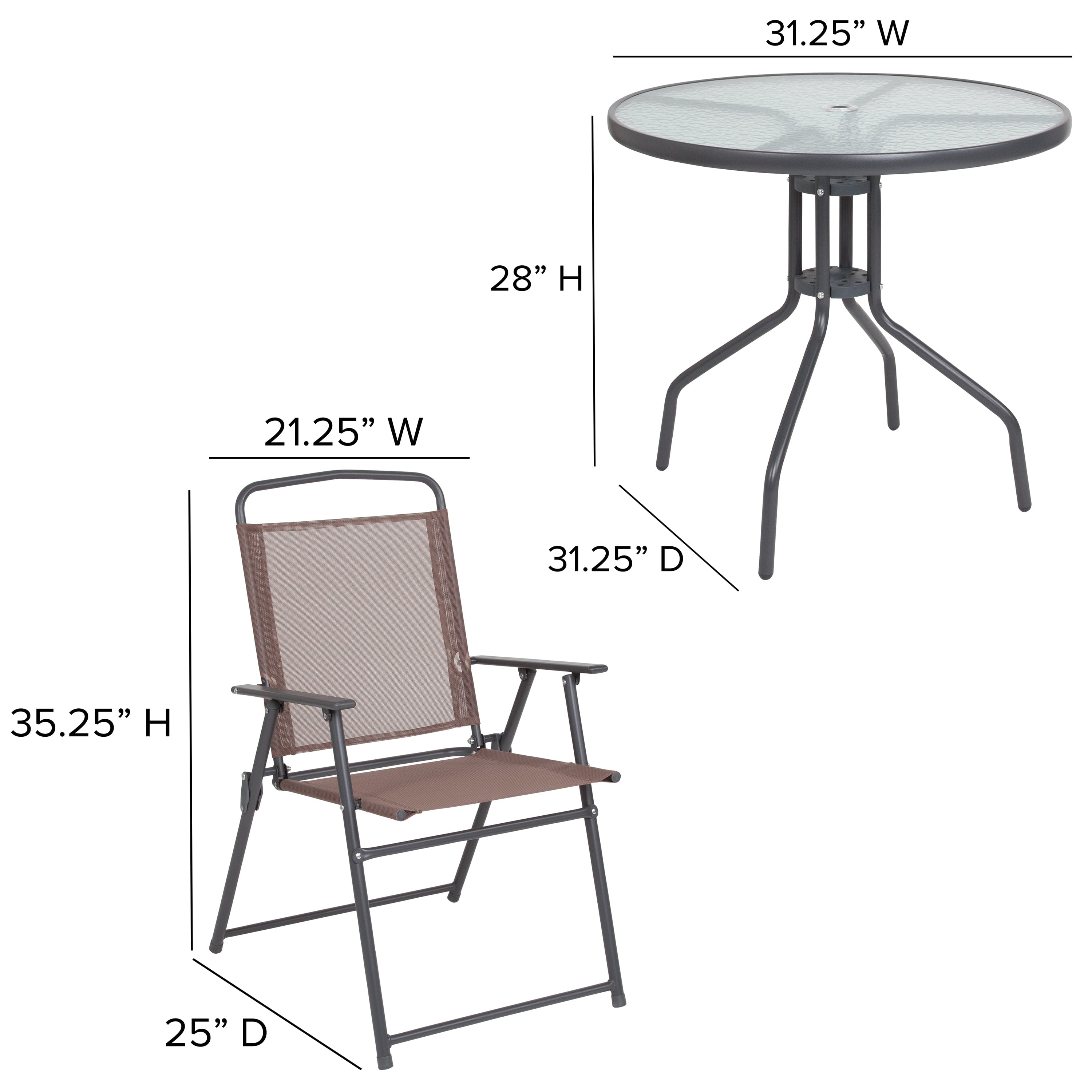 BizChair 6 Piece Brown Patio Garden Set with Umbrella Table and Set of 4 Folding Chairs