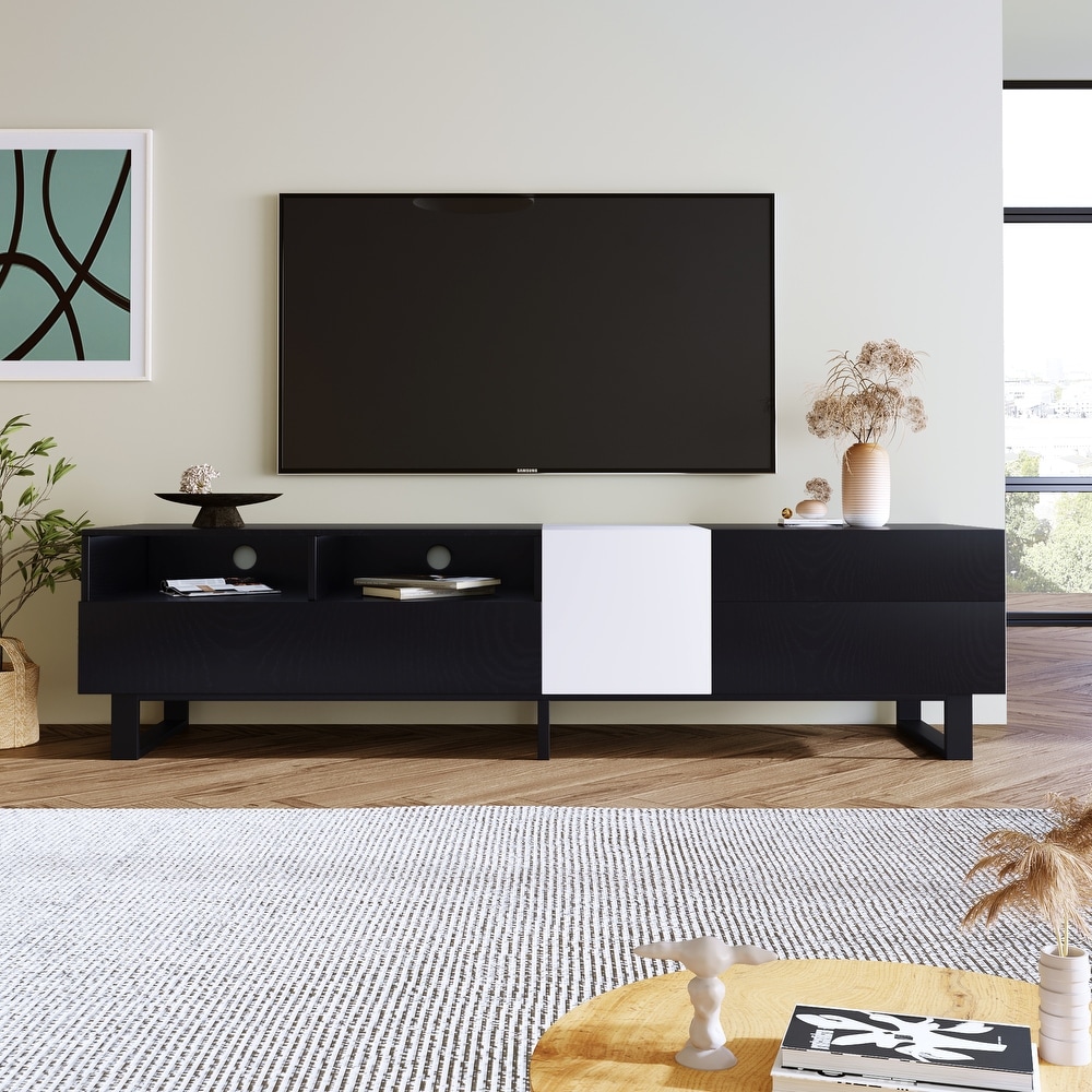 Contemporary TV Stand for 80 inch TVs   Double Storage Space  Modern Minimalist Style  Drop Down Doors  Cable Management