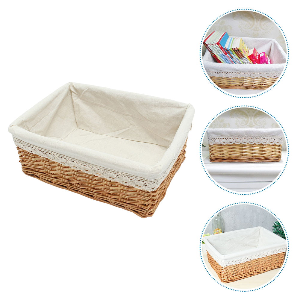 OUNONA Multipurpose Rectangular Wicker Storage Basket with Removable Washable Liner Willow Woven Containers - Size S