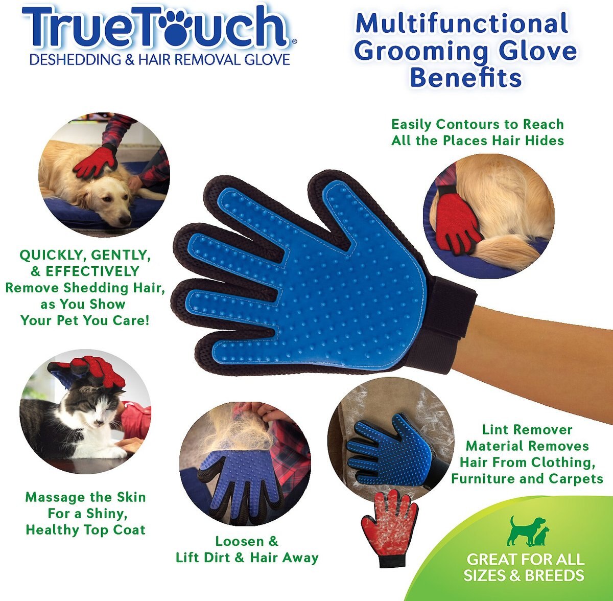 True Touch Five Finger Pet Deshedding and Hair Removal Glove