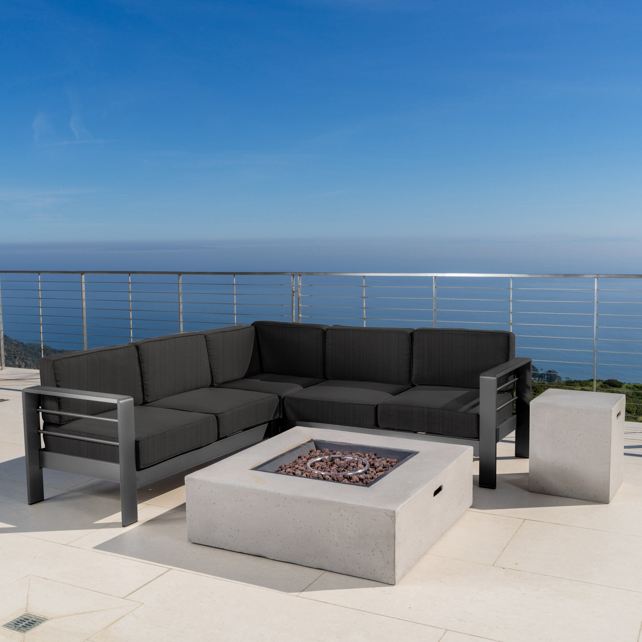 Coral Bay Outdoor Grey Aluminum 5 Piece V-Shape Sectional Sofa Set with Fire Table