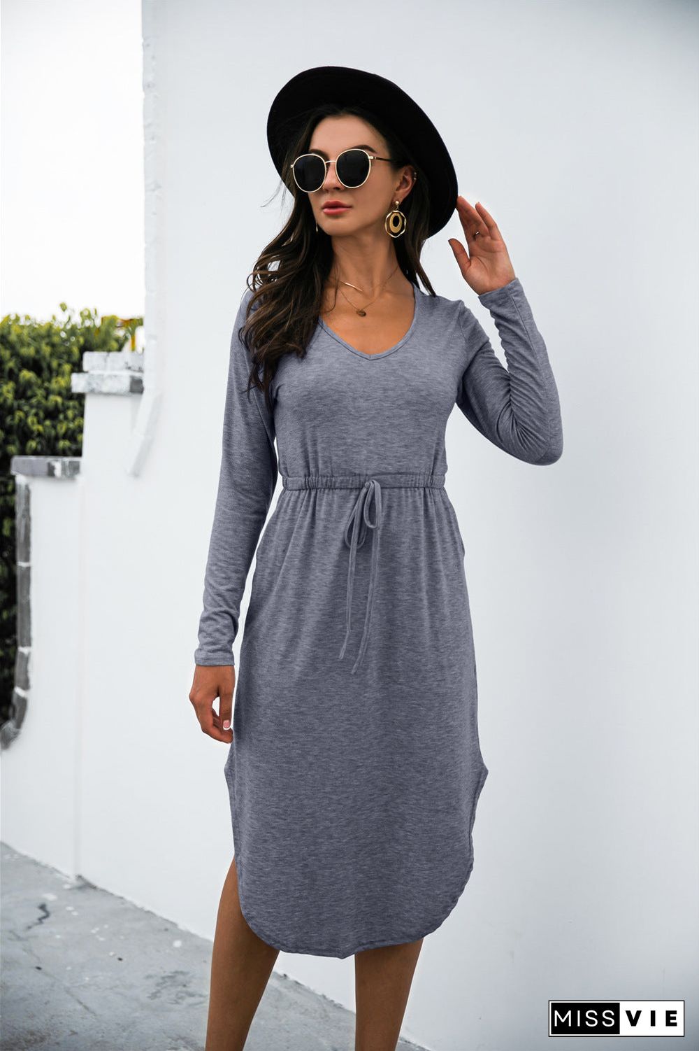 Solid V-Neck Long Sleeve Dress