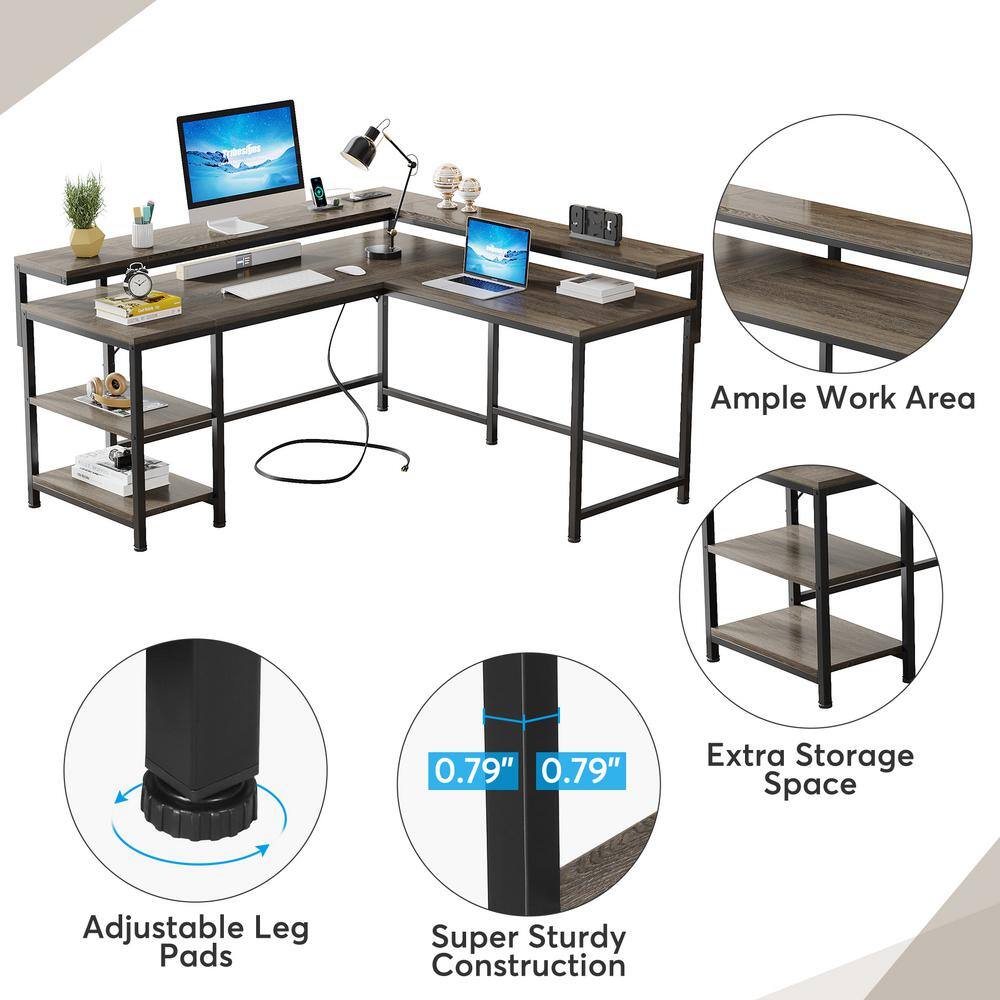 Tribesigns Lantz 59 in. L-Shaped Gray Wood Computer Desk with Power Outlets and Storage Shelves for Home Office TJHD-JW0450-HYF