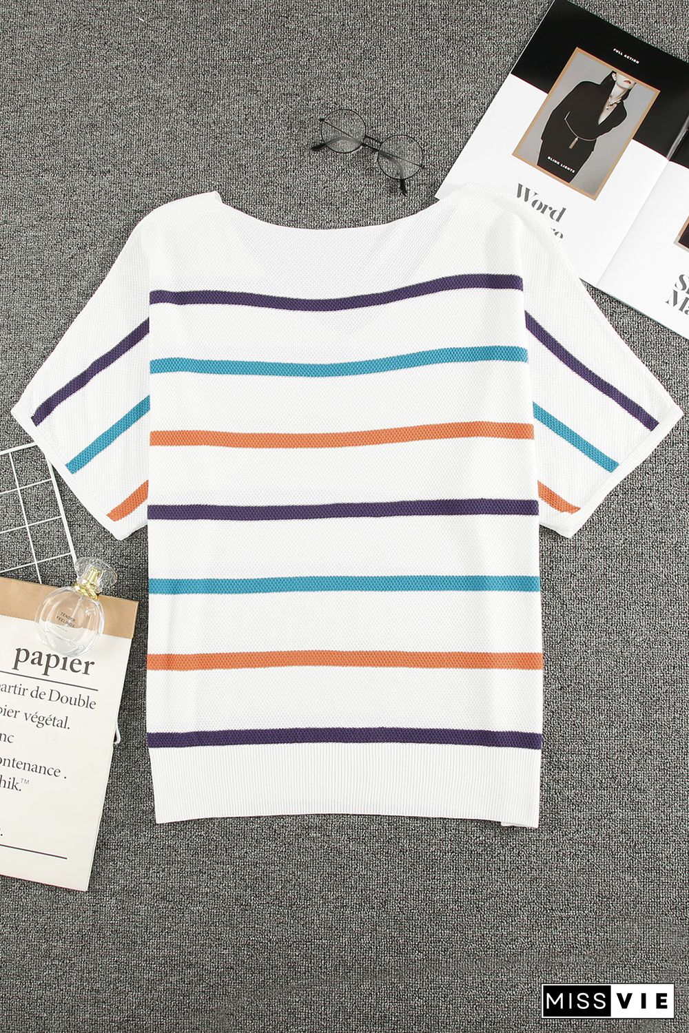 Plus Size Multicolor Striped Knit Short Sleeve Top