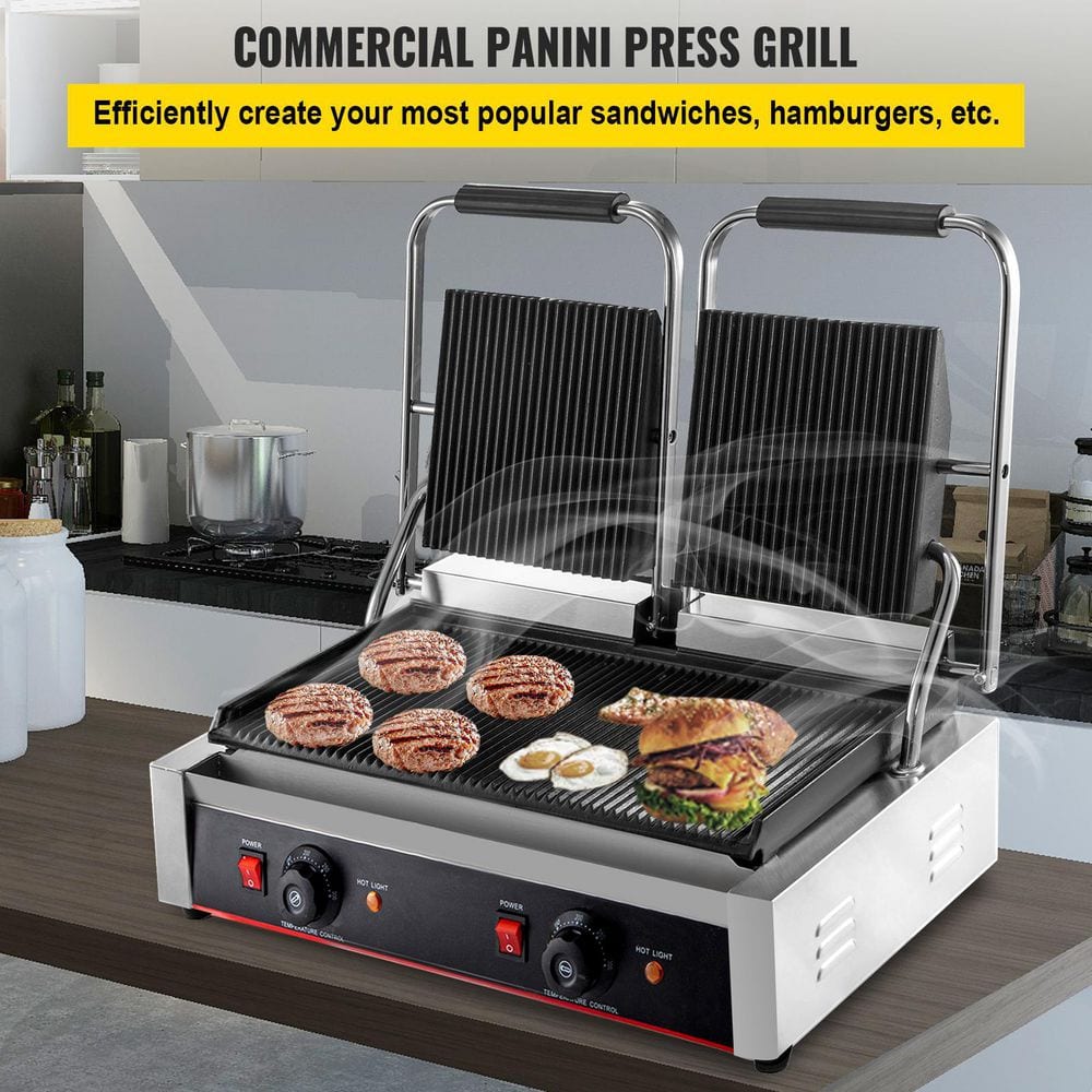 VEVOR Commercial Sandwich Panini Press 3600-Watt Non-Stick Surface Commercial Panini Grill Double Grooved Plates, Silver DPLDYBPLLD-813001V1