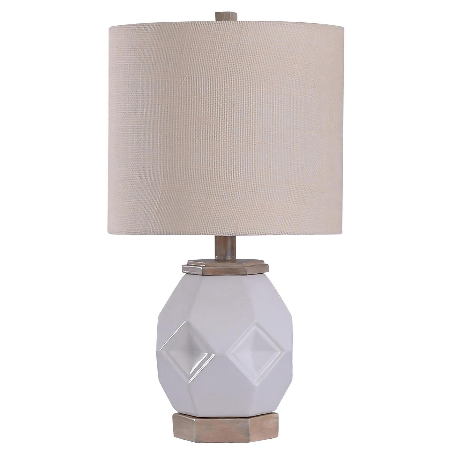 Iuka Farmhouse Ceramic Accent Lamp  White Glass Finish  Tan Burlap Shade