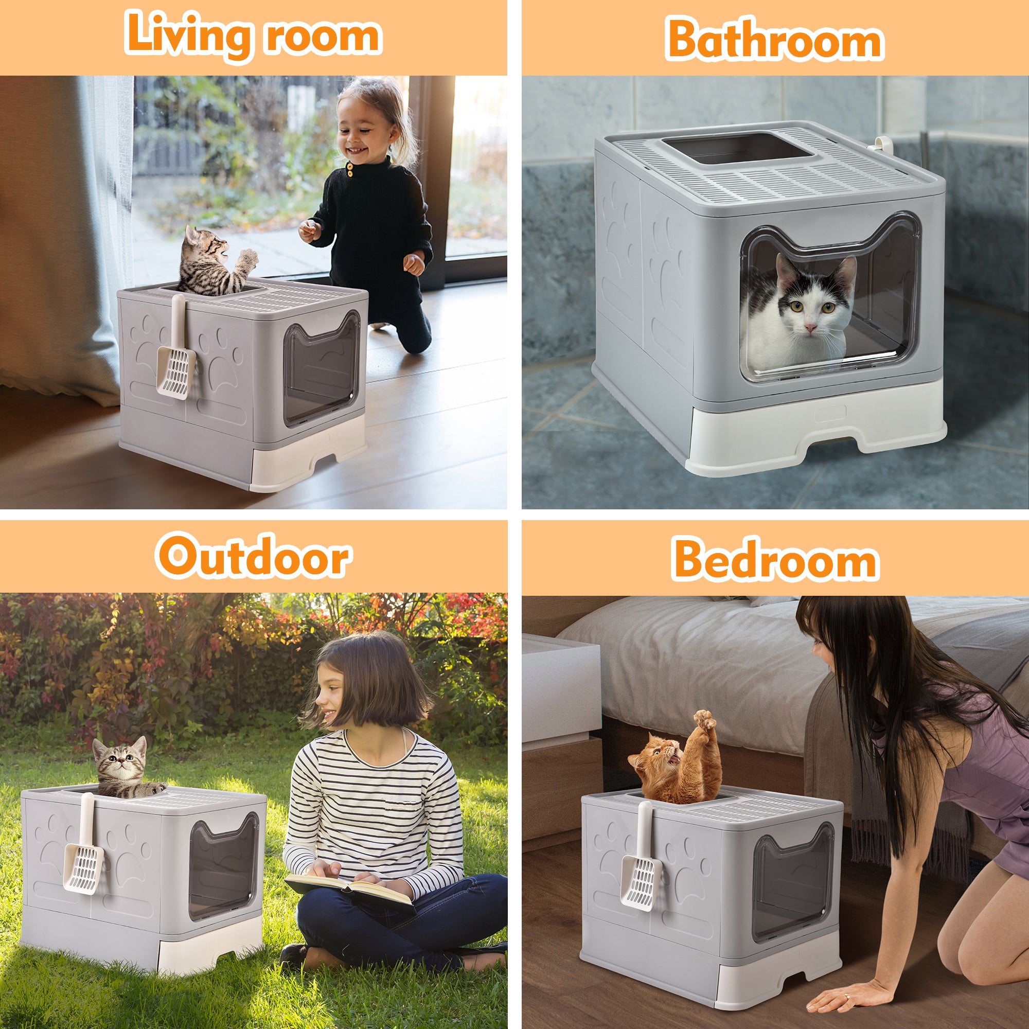 Foldable Cat Litter Box with Lid， Extra Large Covered Litter Box with Cat Litter Scoop， Drawer Type Enclosed Kitty Litter Box， Anti-Splashing Cat Litter Toilet Easy Cleaning and Scoop， Gray