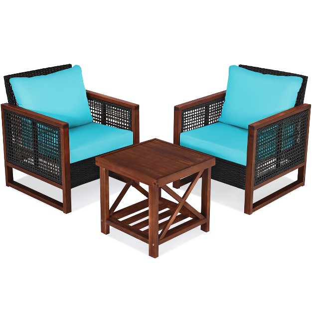 Tangkula 3pcs Patio Rattan Bistro Set Acacia Wood Frame Cushioned Sofa And Side Table