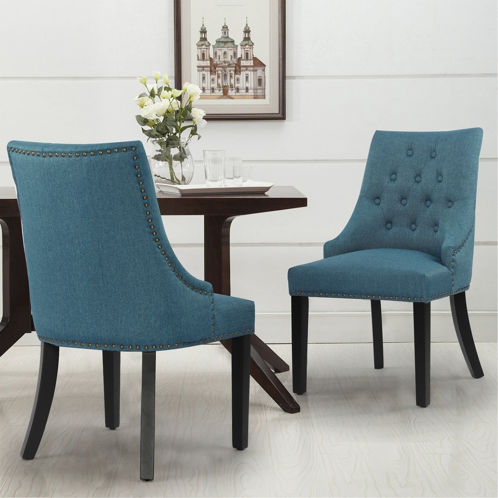 Fabric Upholstered Dining Chairs Button Tufted Nailhead Trim Accent Chairs Set of 2