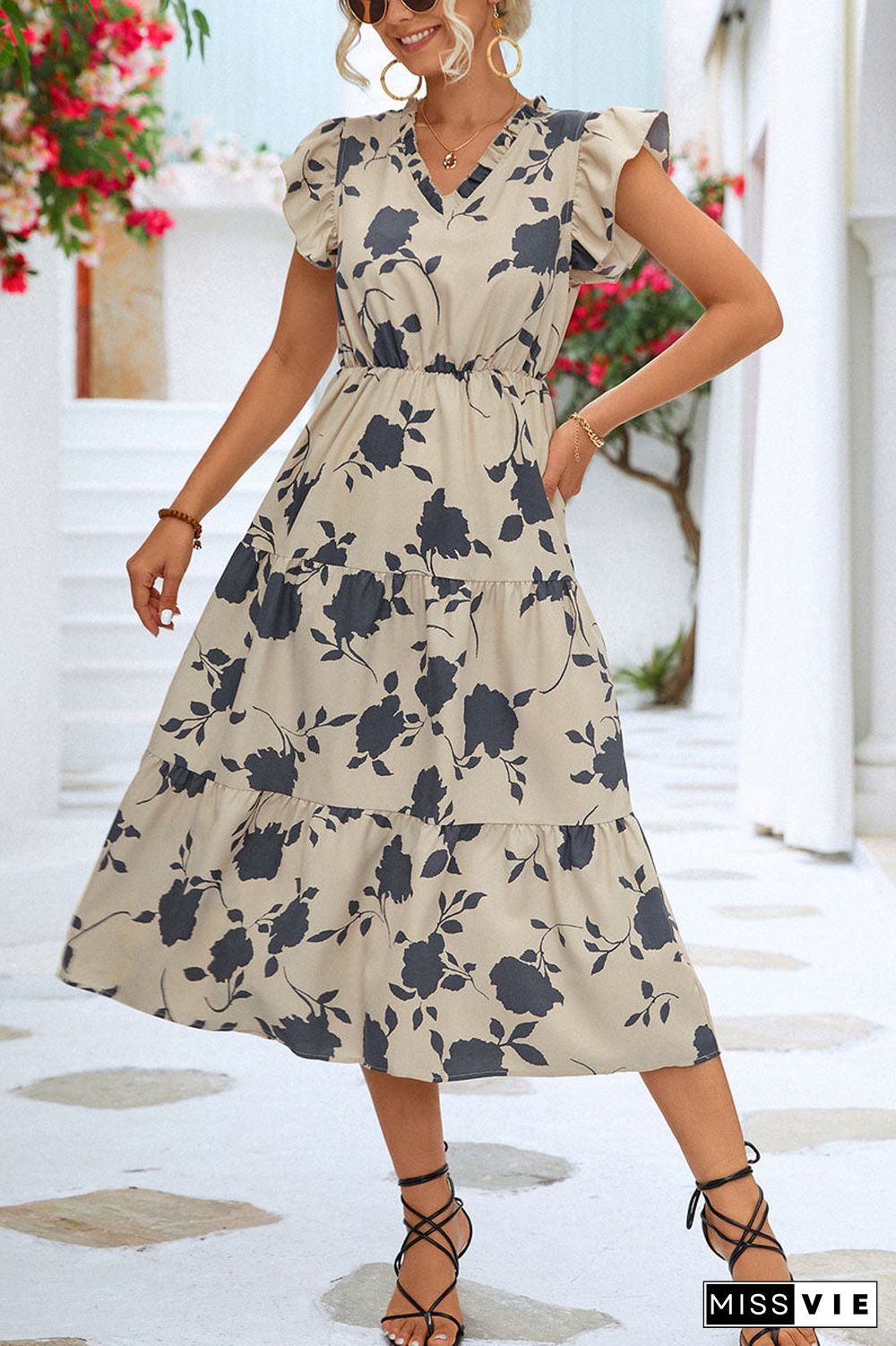 Floral V Neck Beach Ruffle Sleeve Midi Dress