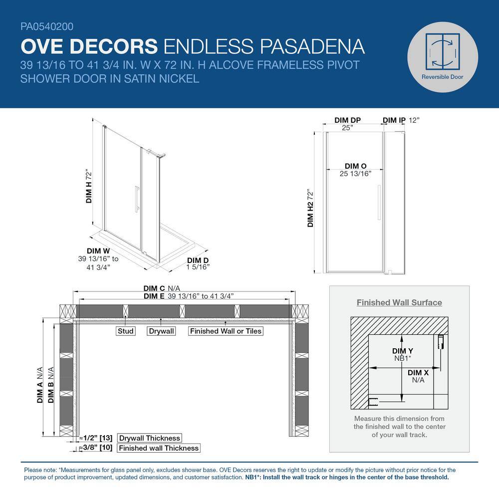 OVE Decors Pasadena 41-34 in. W x 72 in. H Pivot Framless Shower Door in SN 828796059022