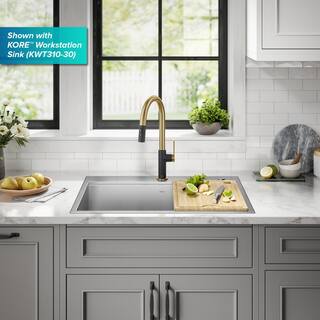 KRAUS Oletto Single Handle Pull-Down Kitchen Faucet in Brushed BrassMatte Black KPF-2820BBMB